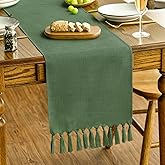 Artoid Mode Dark Green Tassel Table Runner, Linen Blend Rustic Farmhouse Style Kitchen Table Decoration Holiday Wedding Party Dinning Decor 13x72 Inch