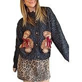 Women Cute Bow Bear Cardigan Sweaters Button Down Y2k Knitted Cardigans Casual Long Sleeve Knit Coats