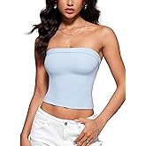 INGIA Womens Double-Layer Fold-Over Collar Tube Top No Padding Bandeau Strapless Shirts Tank Tops