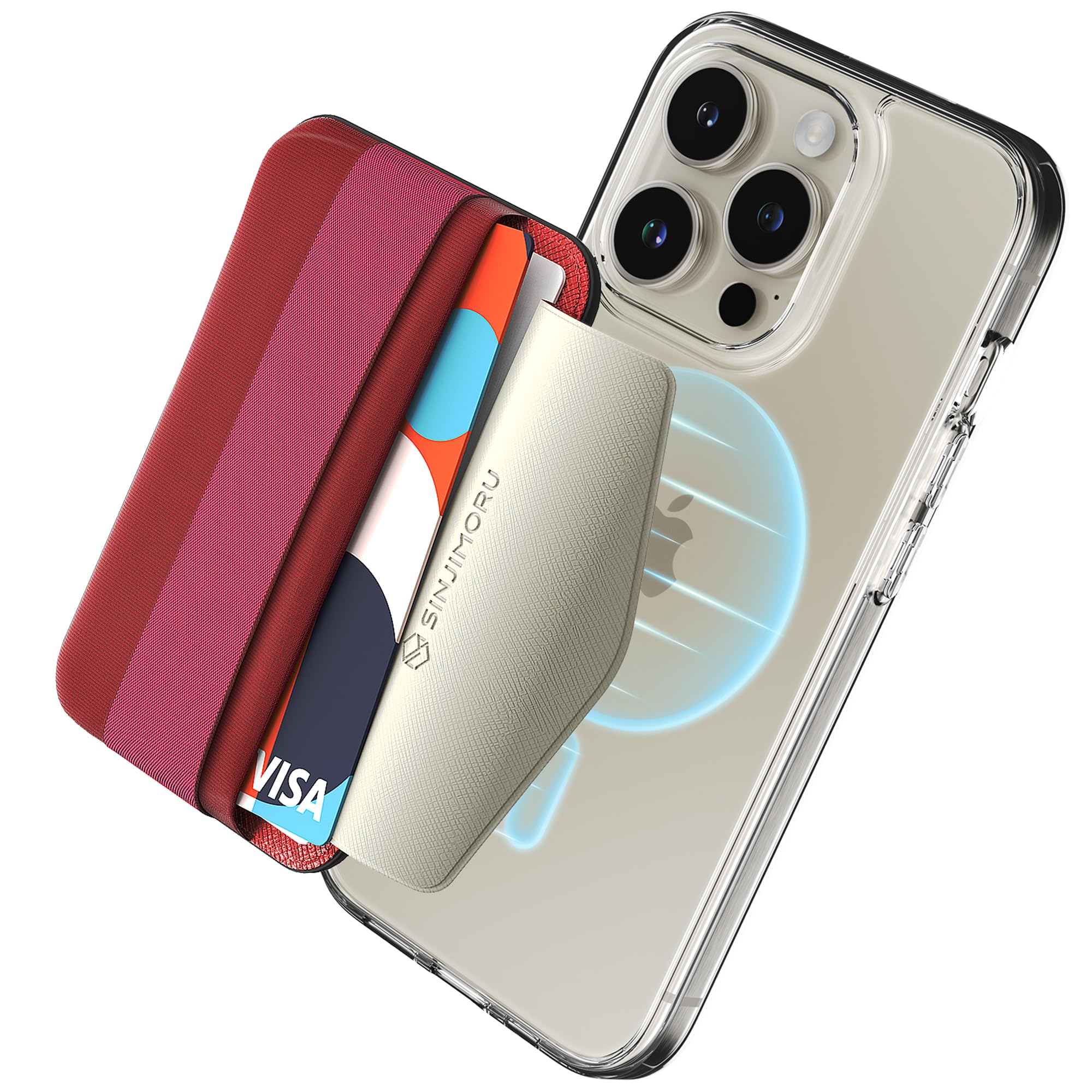 Sinjimoru Magnetic Wallet for iPhone 16/15/14/13/12 Series, Soft Wool Band Grip, Compatible with MagSafe Wallet, Phone Grip Wallet, M-Band Red