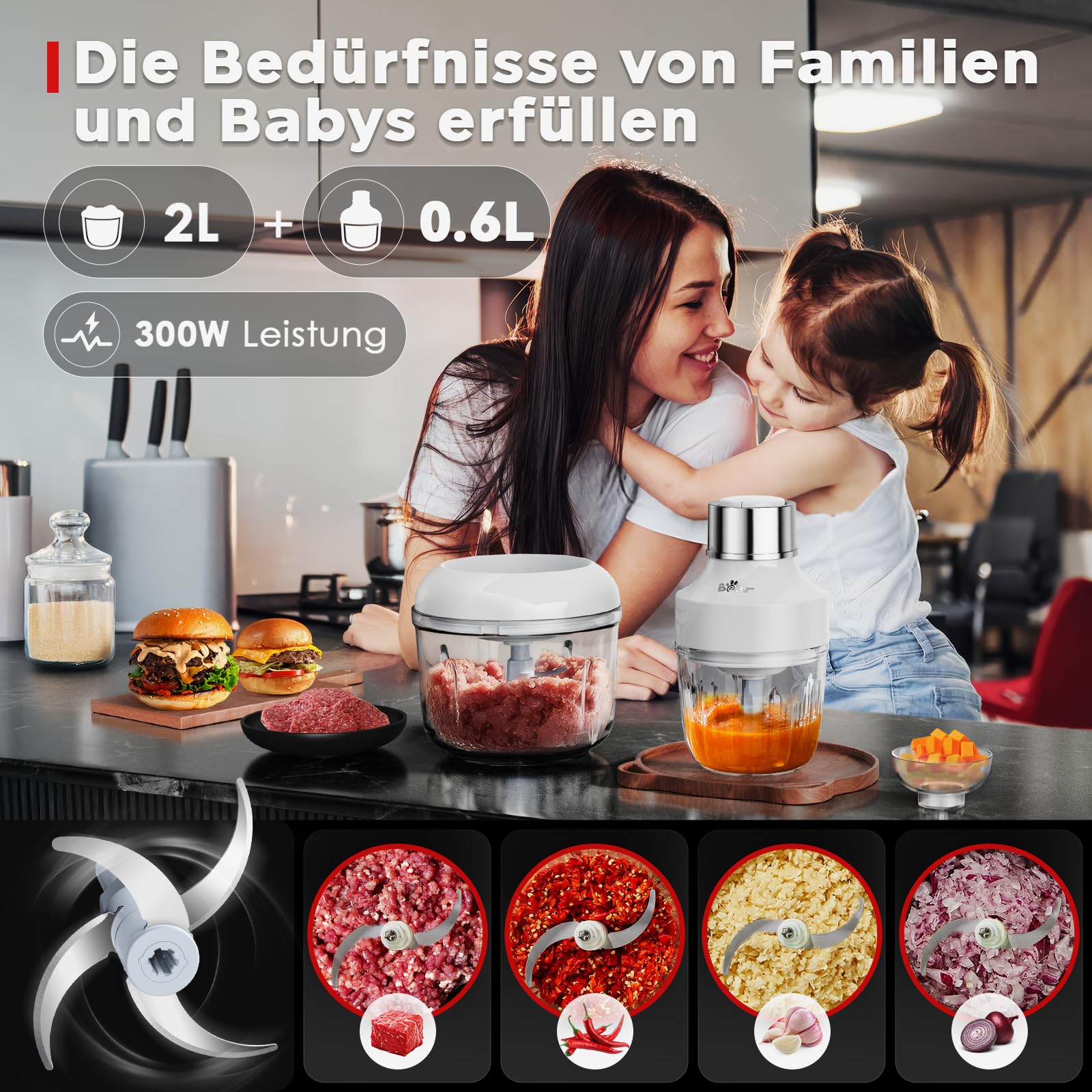 Bear 0.6L+2L Zerkleinerer Glas, 2 Geschwindigkeitsstufen, Häcksler mit 4-Edelstahlklingen und Fleischwolf, Glasbehälter Zerkleinerer für Fleisch,Babynahrung,Obst,Gemüse,Elektrisch Mini chopper 4