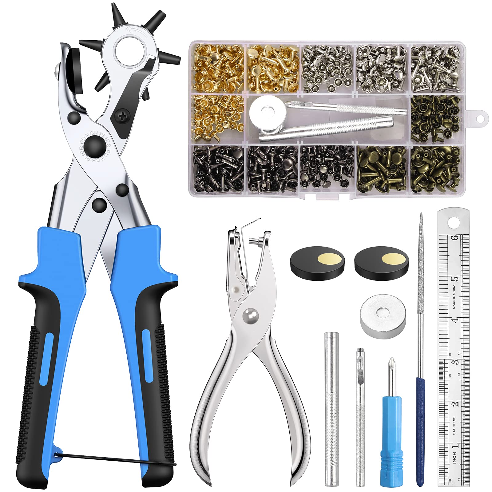 KAMTOP Leather Hole Punch, Belt Puncher, Eyelet Pliers, Rotating Hole Puncher + 240 Set Leather Rivets, Double Cap Rivet, 6 Sizes 1.5, 2, 2, 5, 3, 3, 5, 4 mm