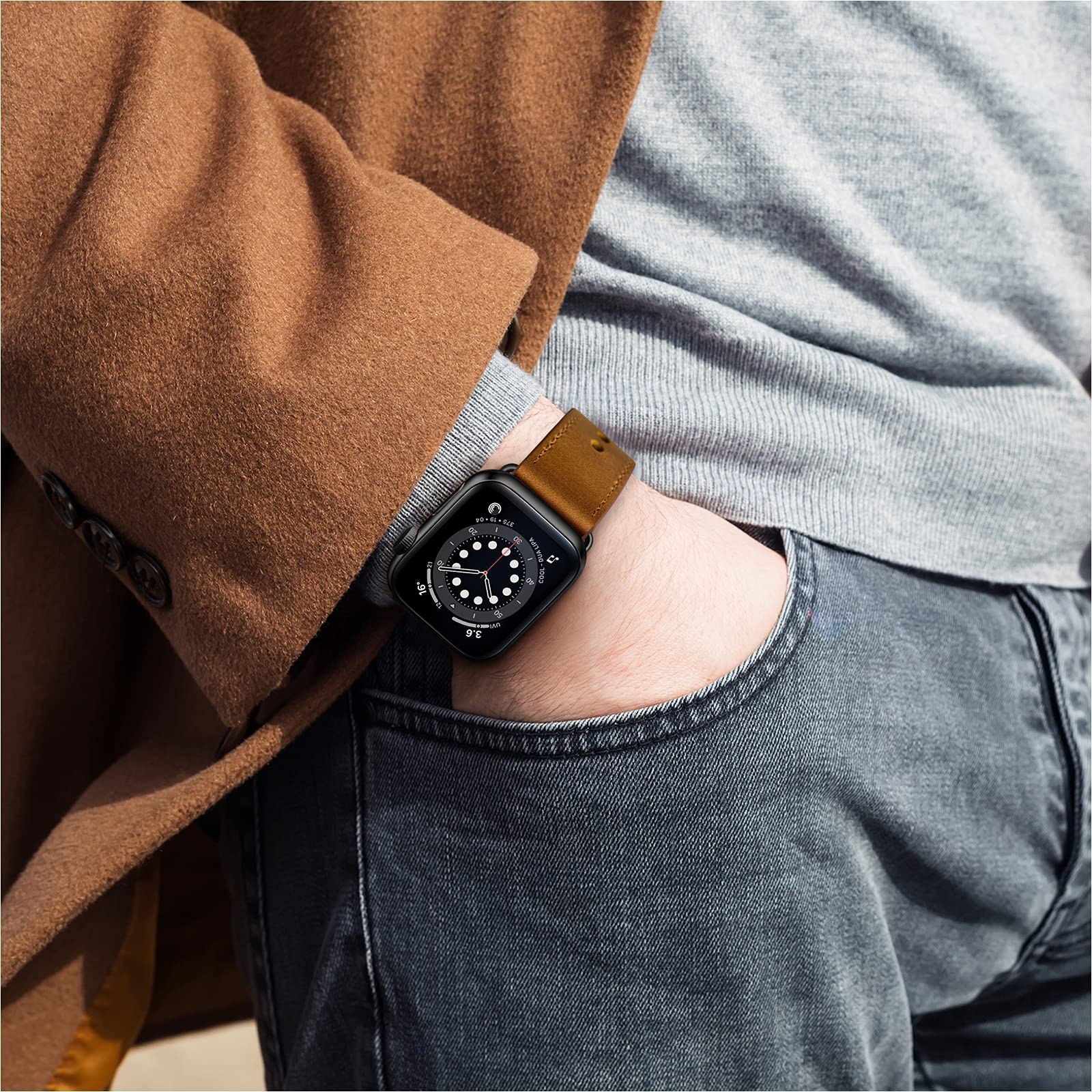 OUHENG Leather Bands Compatible with Apple Watch Band 49mm/46mm/45mm/44mm/42mm, Genuine Leather Strap for iWatch Ultra 2/1 SE Series 10 9 8 7 6 5 4 3 2 1 (Retro Brown/Black)
