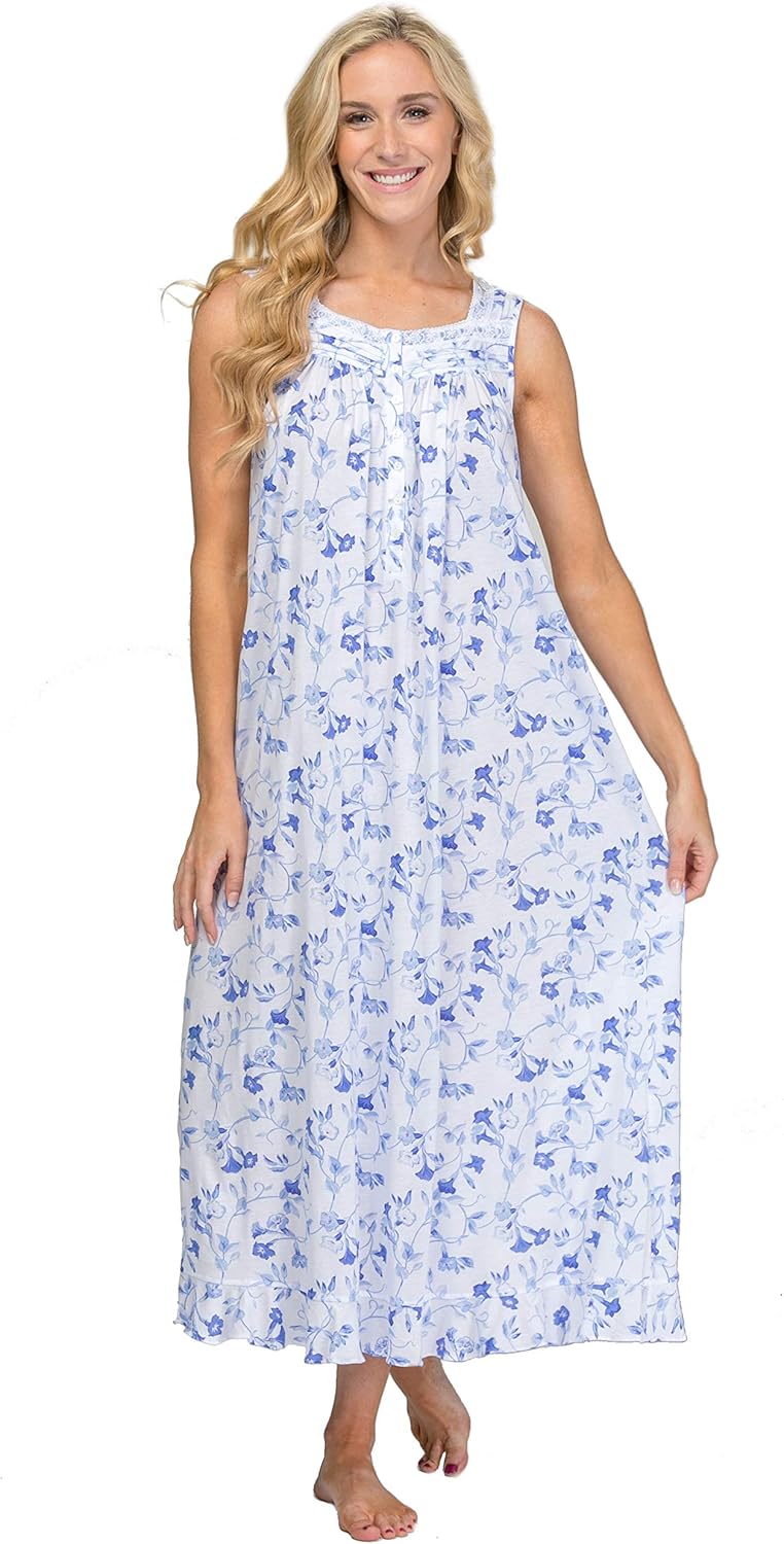 Eileen West Cotton Modal Nightgown Sleeveless Long Gown in Blue Song