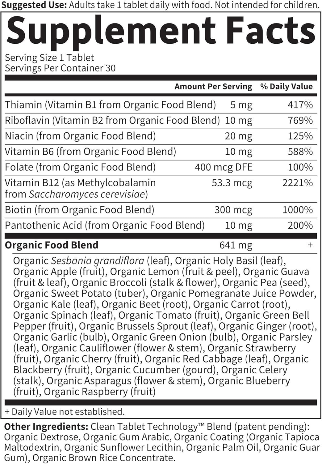 Garden of Life Mykind Organics Vitamin B Complex Once Daily, 30 Tablets, Vegan B Complex Vitamins With Folate, B12, Niacin, B6, Biotin, Organic Whole Food B Complex Supplement For Metabolism, Energy: Health & Personal Care