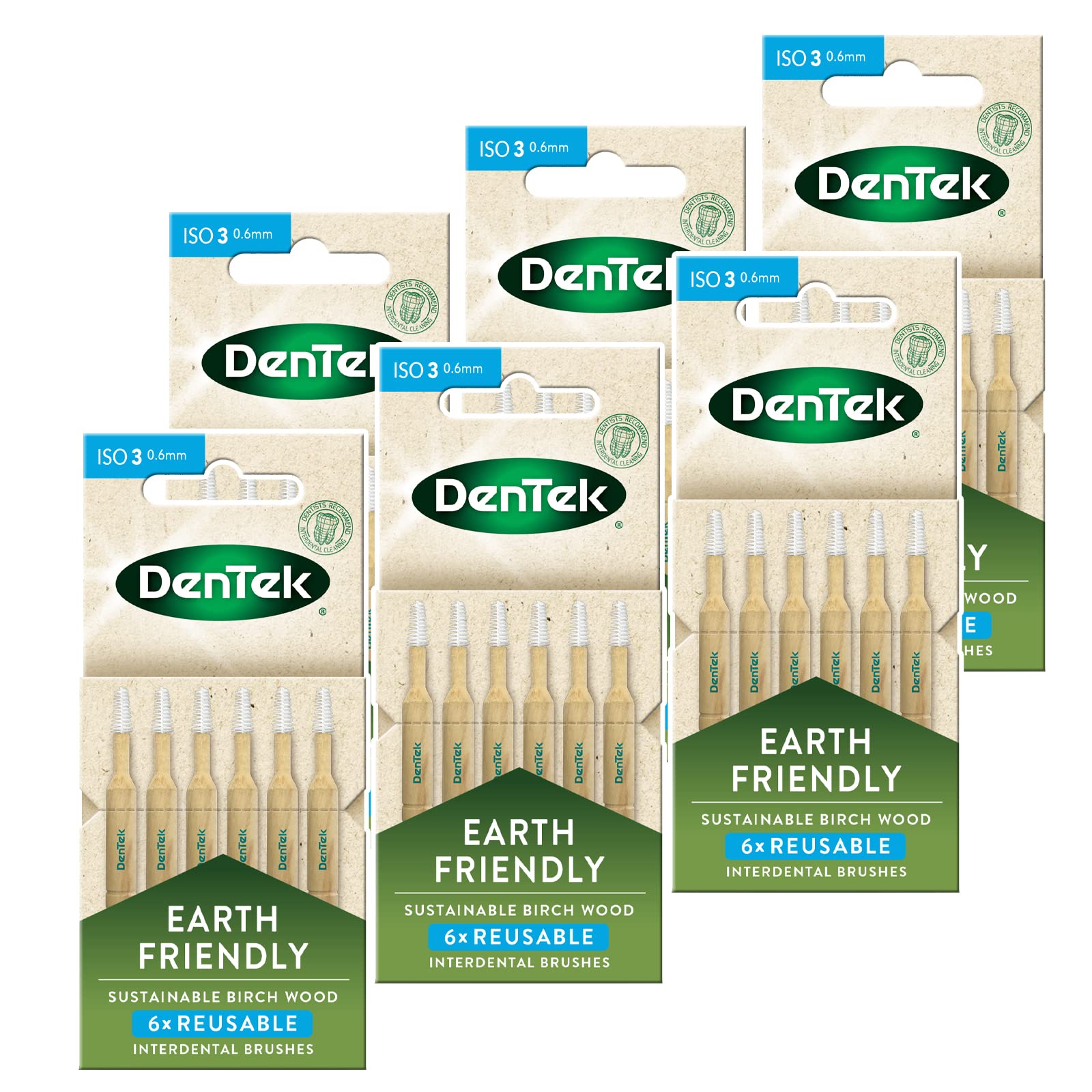 DenTek Earth Friendly Birch Wood Interdental Brushes ISO3/0.6mm - 6 Count x 6 Packs (36 Brushes)