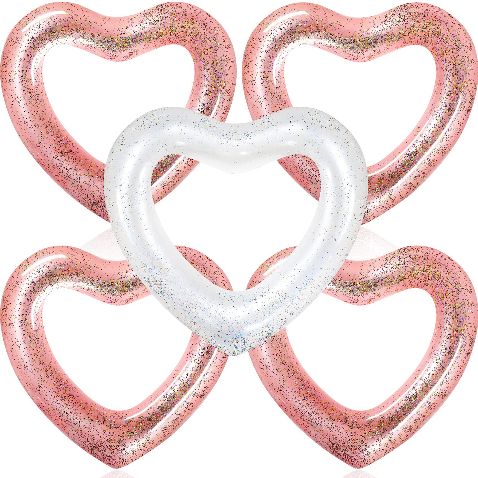 Photo 1 of Deekin 5 Pcs Summer Heart Pool Float 47.3 x 39.4 Inch Wedding Swimming Pool Loungers Tube Ring Floatie Bachelorette Inflatable Heart Pool Floatie with Glitter for Adults Party(Rose Gold)