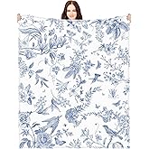 Mindsoft Blue White Flower Blanket Butterfly Soft Throw Blanket Country French 60"x50" Blanket Washable for Spring Summer Fall Party