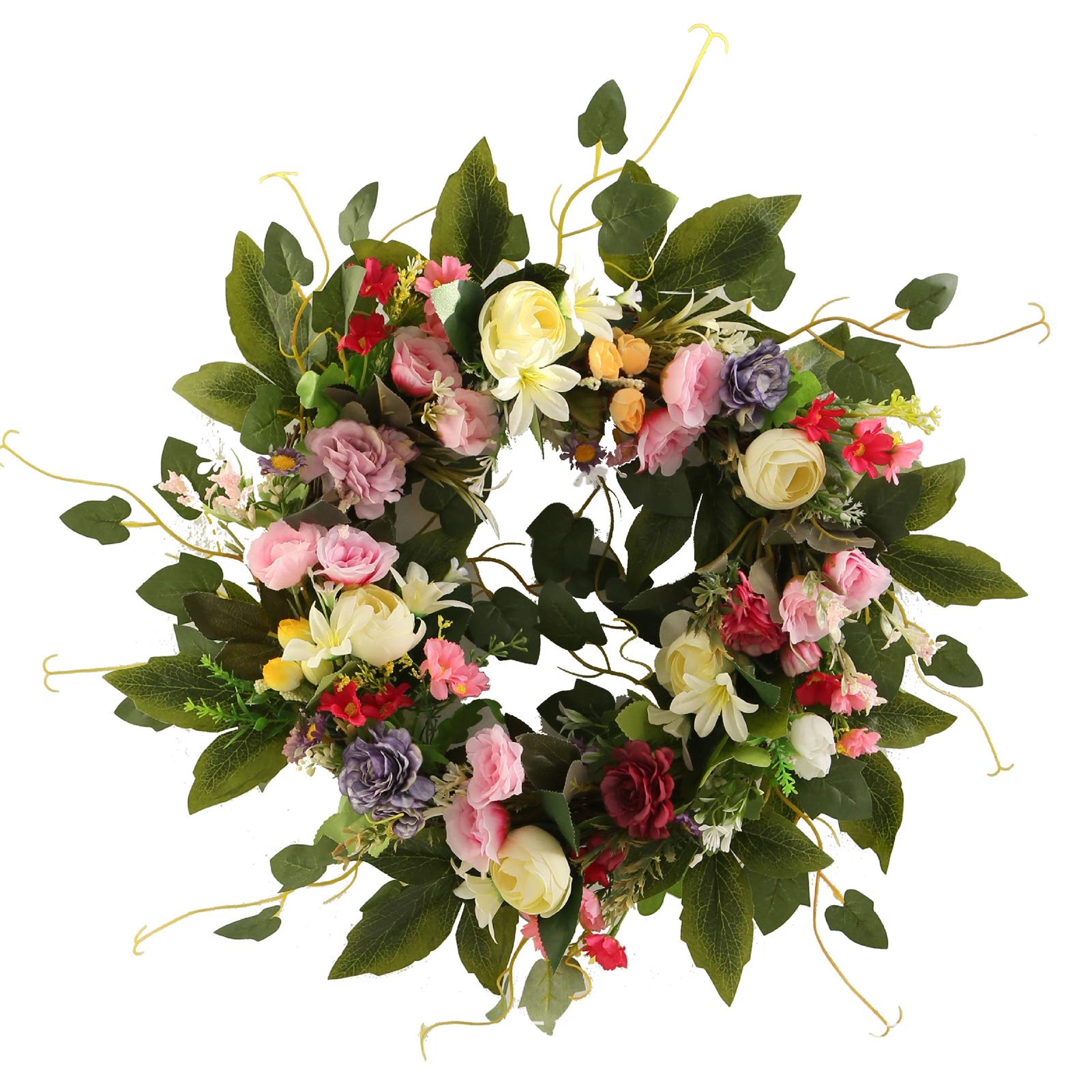 Artificial Camellia Wreath with Green Leaves,Four Seasons Front Door Wreath Brightens for Indoor Outdoor,Flowers Floral Door Wreath for Wedding Birthday Living Room Decor