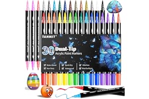 TANMIT 30 Colors Acrylic Paint Pens, Dual Tip Acrylic Paint Markers with Brush Tip and Fine Tip, Acrylic Pens for Rock Painting, Wood, Canvas, Stone, Glass, Ceramic,DIY Crafts Making Art Supplies