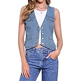 Allegra K Denim Vest for Women's Button Down V Neck Collarless Waistcoat Western Sleeveless Jean Jacket