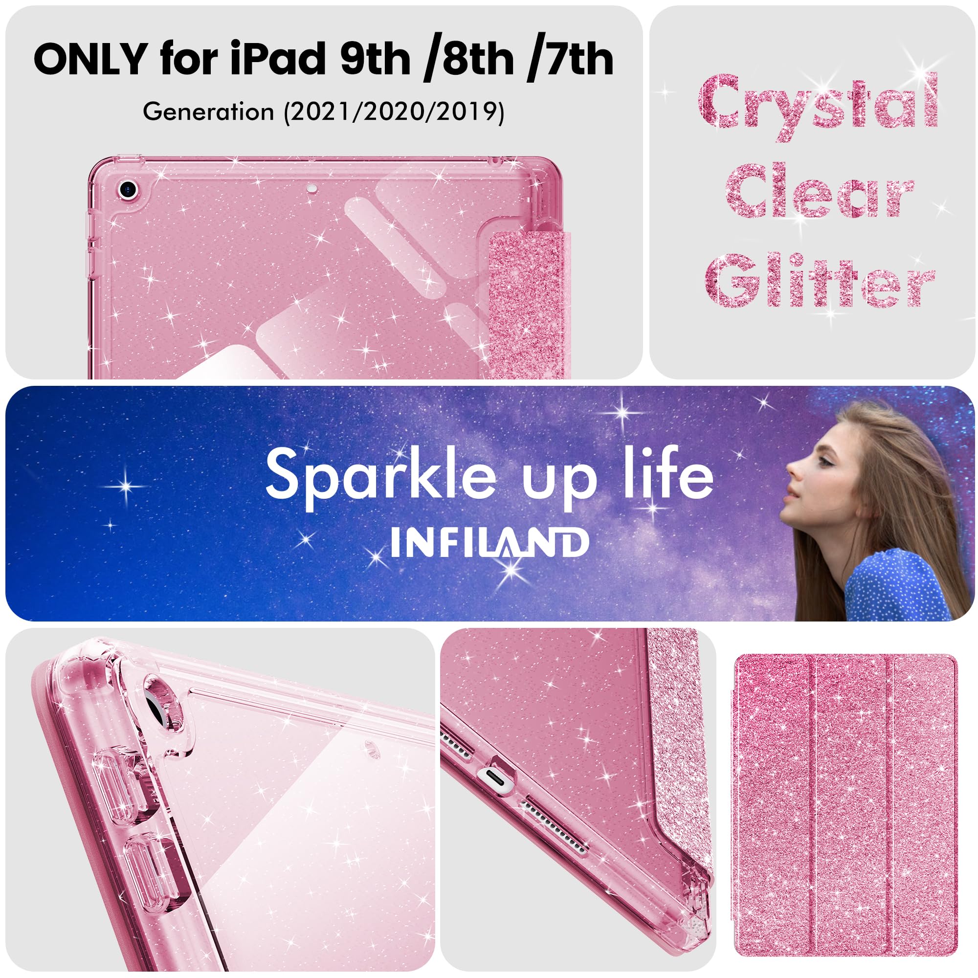 INFILAND for iPad 9th/8th/7th Generation Case 2021/2020/2019 10.2 inch, Glitter Slim Protective Cover with Clear Back, Pencil Holder for Kids Girls for iPad 7/8/9 Gen, Pink