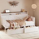 IRONCK Twin Daybed with Storage Drawers, Charging Station, White | Sturdy Metal Bed Frame with X-Shaped Headboard, Upholstered Farmhouse Daybed for Living Room, Bedroom, and Guest Room