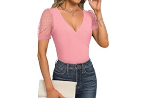 Fayenne Womens Tops Deep V Neck Cross Wrap Sexy Tops Polka Dot Mesh Short Sleeve T Shirt Casual Blouses