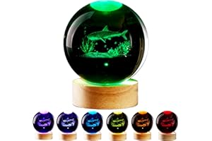 WBCRYS3D 3D Shark Crystal Ball Lamp with Remote Control, Underwater World Night Light Lamp with Wooden Base 16 Colors Change, Animal Figurine Toy Gift for Girls Boys Kids Wife Girlfriend Mom Couple (Shark)