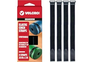 VELCRO Brand 30 Inch Elastic Straps 4 Pack | Stretchable and Adjustable For Snug Fit | Fasten Outdoor Umbrellas, Wood, Tarps, Blankets, Poles, More | Cinch with Buckle, Black 30x1"