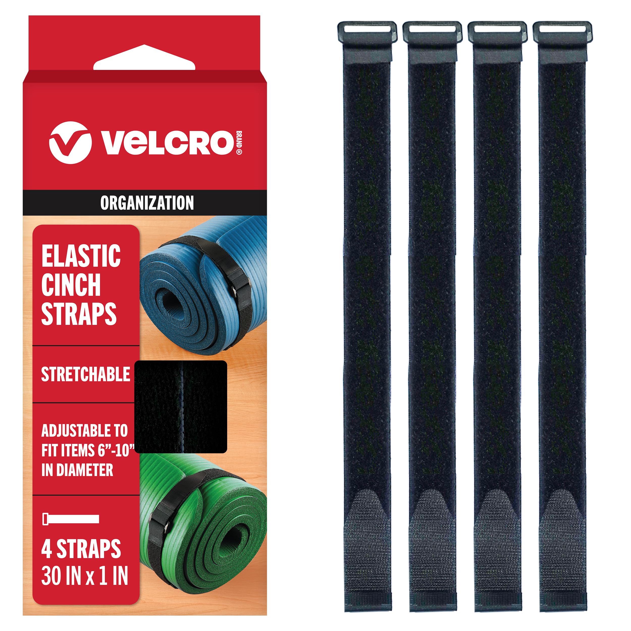 Photo 1 of VELCRO Brand 30 Inch Elastic Straps 4 Pack | Stretchable and Adjustable For Snug Fit | Fasten Outdoor Umbrellas, Wood, Tarps, Blankets, Poles, More | Cinch with Buckle, Black 30x1"