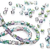 Hicarer 200 Pcs Austrian Crystal Cube Beads Green and Pink Square Glass Bead Quartz Loose Seed Beads DIY Bracelet Friend Gifts Crystal Beads for Jewelry Making Rainbow Necklace(0.32 Inch)