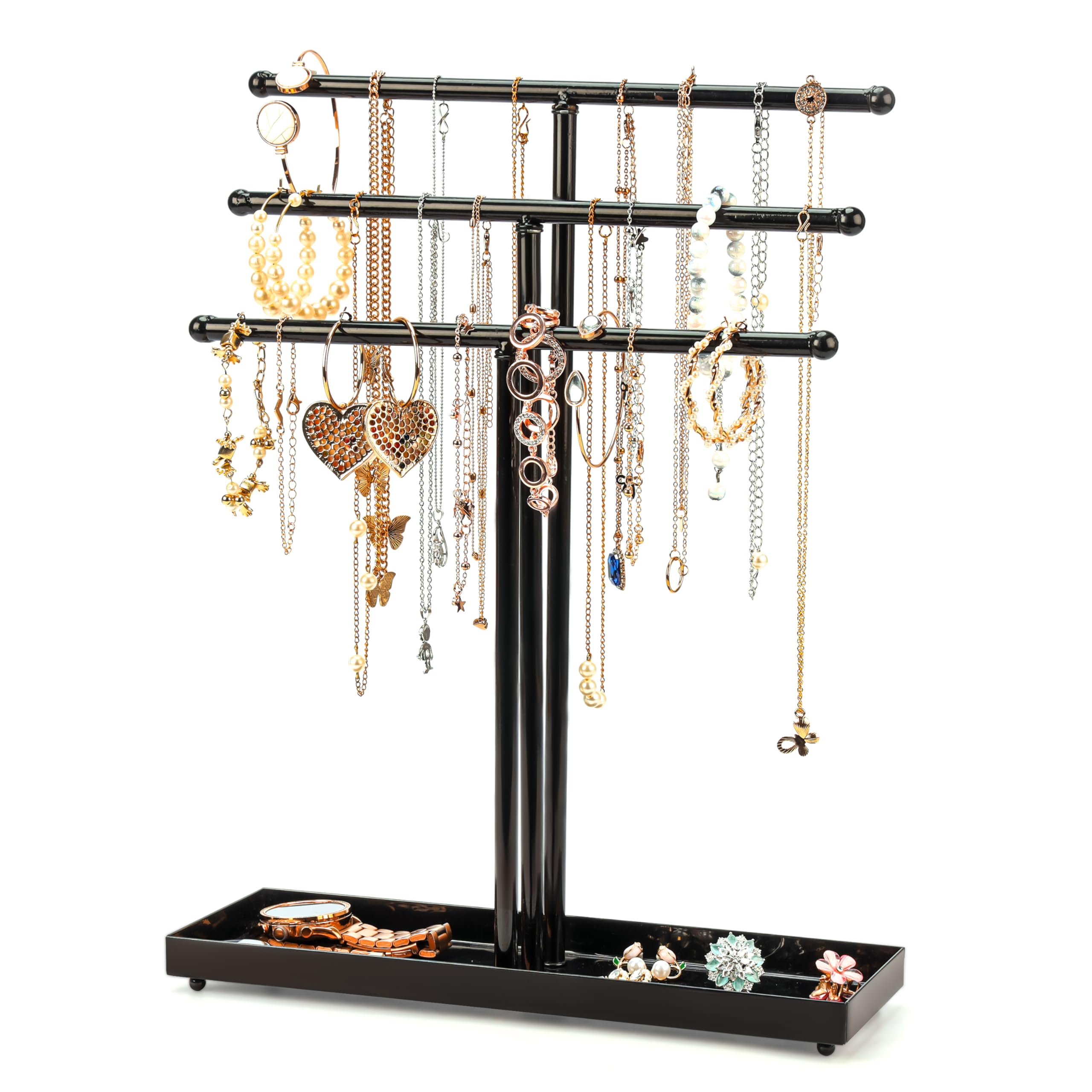 BELLE VOUS Black Metal 3 Tier Jewellery Display Stand & Storage Base Tray Holder - Tree Tabletop Hanging Organiser - Hanger for Necklaces, Bracelets, Rings, Watches & Earrings
