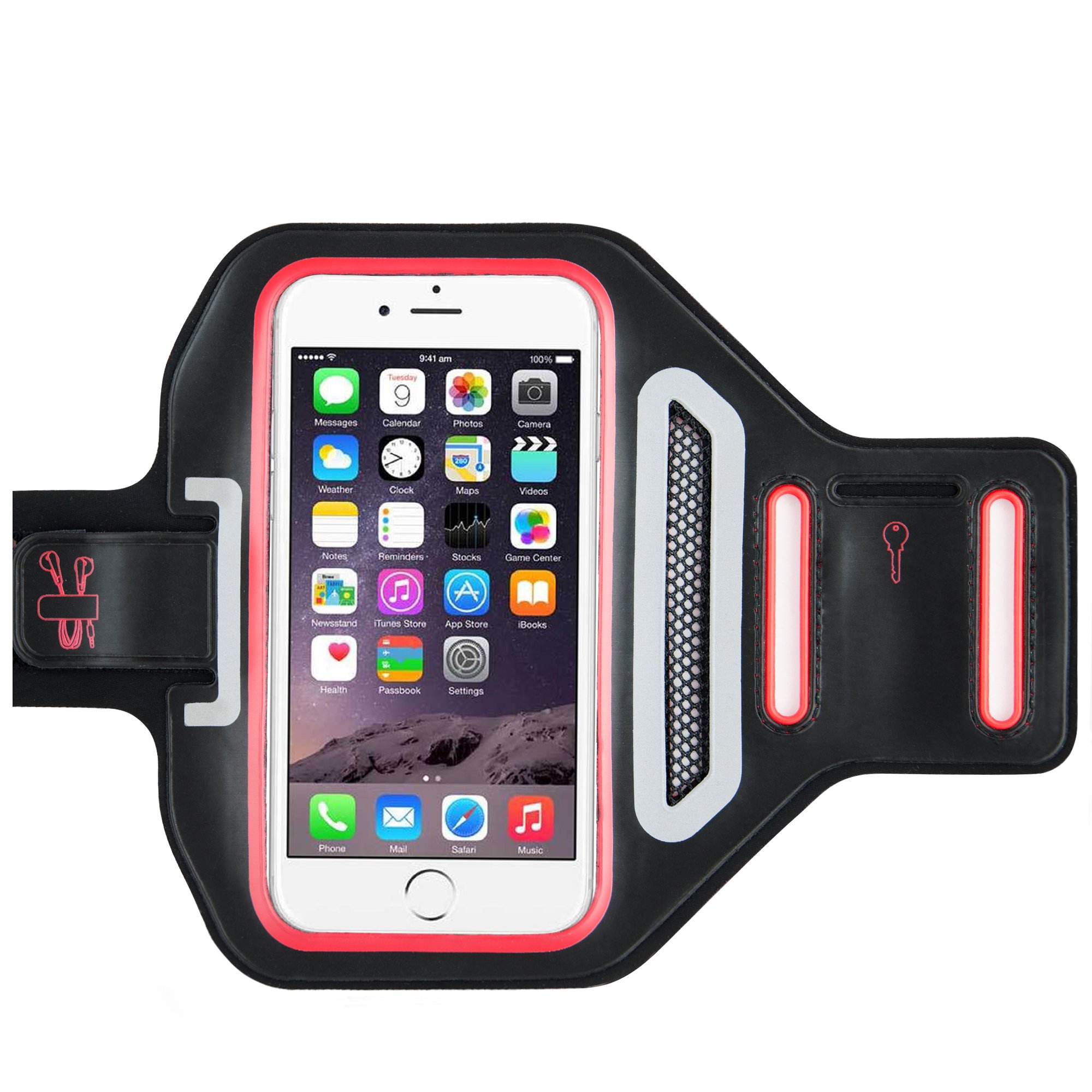 NEVEQ Red Armband Compatible with All 3.5-5 Inches Phones. Premium Sport Armband Case, Water & Sweat Proof. With Extra Key Slot, Card or Money Pouch and Headphones Cable Holder.