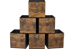 SONGMICS Storage Cubes, Set of 6 Storage Bins with Handles, Foldable Oxford Fabric and Non-Woven Fabric Storage Boxes, 10.2x10.2x11 Inches, Fit Cube Storage Unit, Rustic Brown URFB126B01