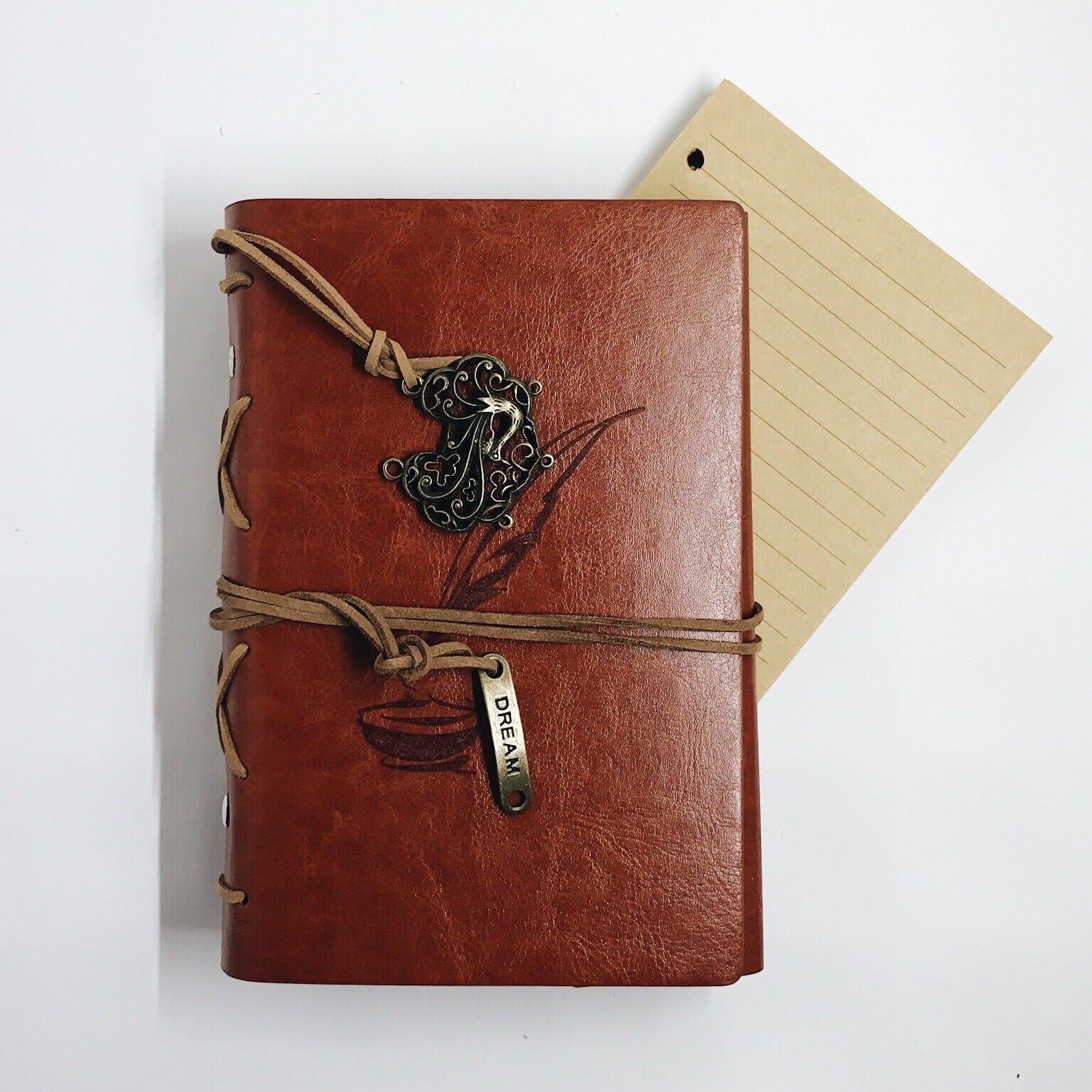 Classic Refillable Writing Journal (Medieval Quill Embossing) - Vintage Leather (PU) Design- Includes Extra Paper (Lined) & Bamboo Pen