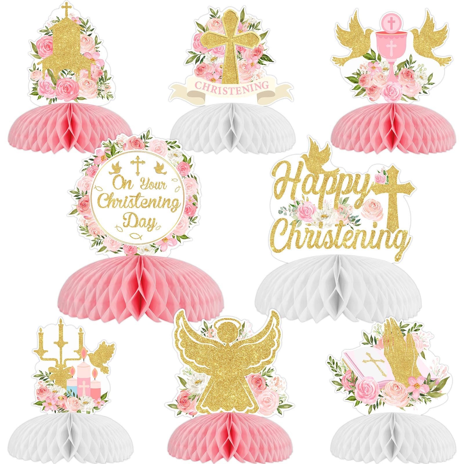 Funmemoir Christening Decorations for Girls Pink - 8pcs Happy Christening Honeycomb Centerpiece On Your Christening Day Table Centerpiece for Baptism Party First Holy Communion Decorations