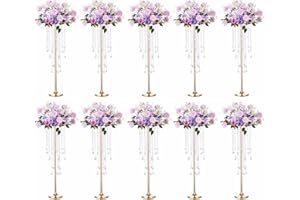 LOVECAT 10 Pcs Tall Elegant Wedding Centerpiece Stand, Metal Flower Candle Holder with Chandelier Crystal, 29.5inch Gold Flower Vase,for Wedding Party Birthday Christmas Home Décor