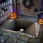 3D Halloween Rug Ghost Skeleton Optical Illusion Mat，20 * 31.5in | Non-slip backing & durable fabric. Perfect novelty depth pattern decor for indoor home holiday parties and festive setups.
