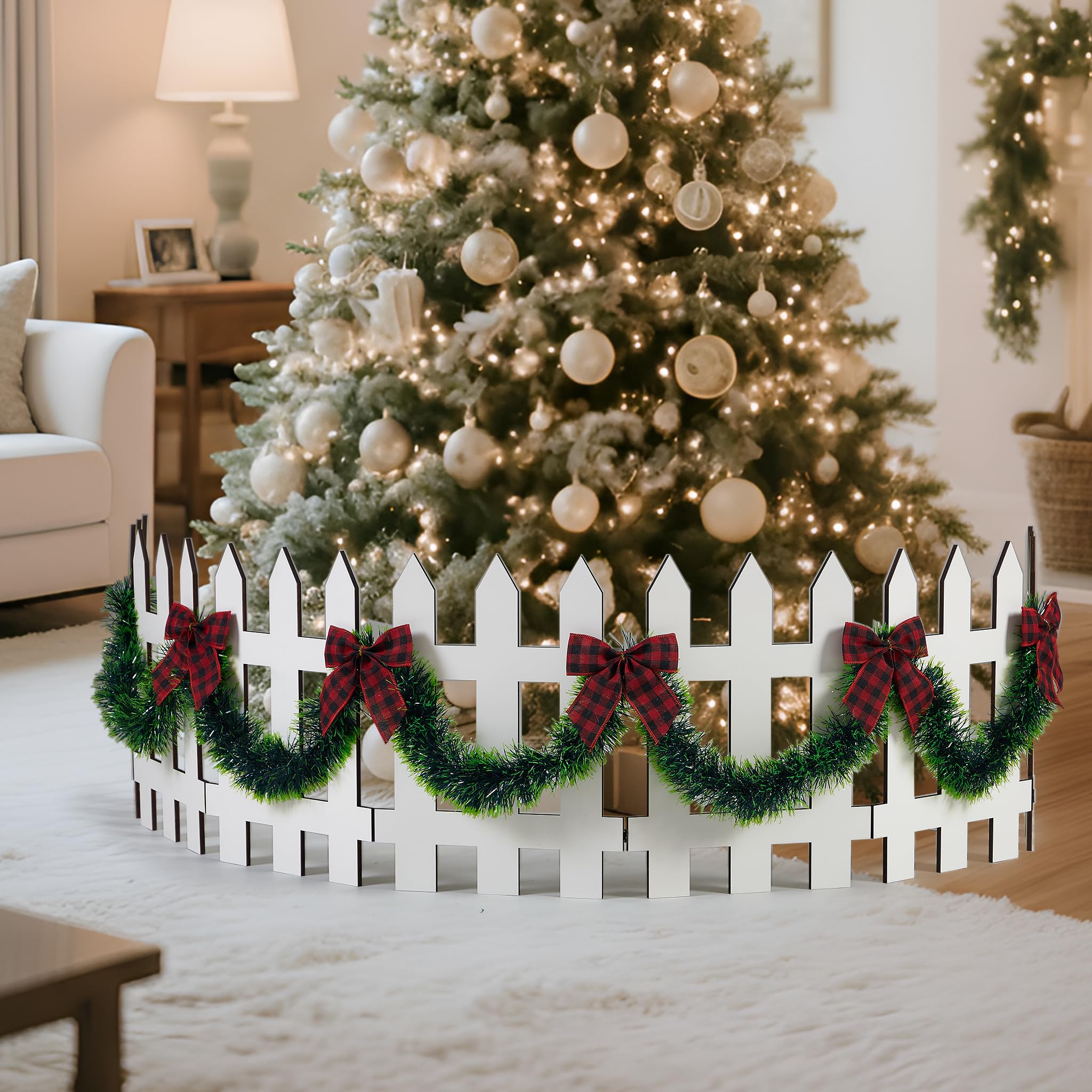 Photo 1 of AceOrbit 16 Inch Christmas Tree Fences Christmas Tree Gate White Wooden Picket Fence Barrier with Plaid Bows and Garland for Pets Dog Cat Xmas Decorations for Home, Wedding, Party, Garden