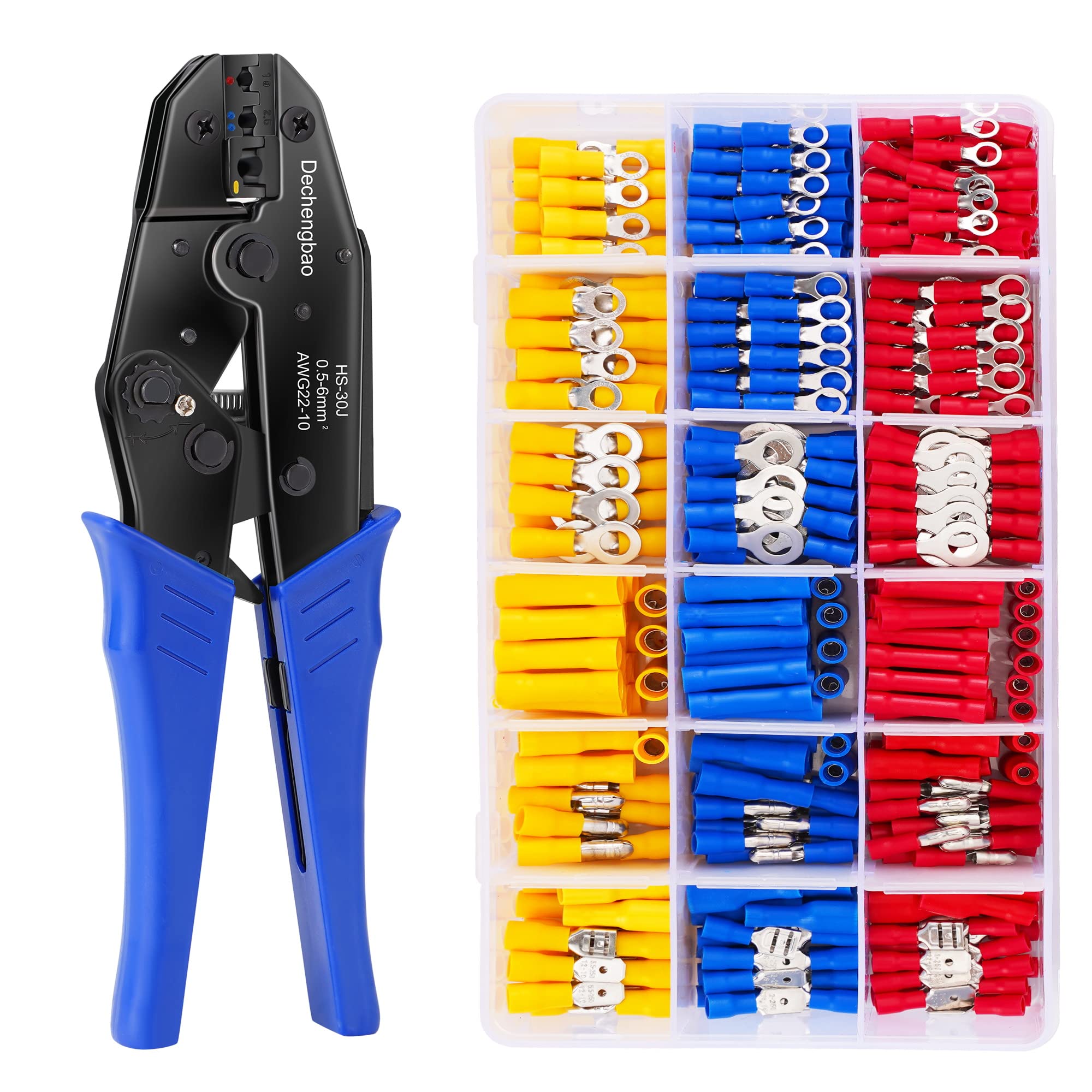 Insulated Wire Terminal Crimping Tool Kit, 0.5-6mm² Ratchet Crimping Plier, Cable Lug Pliers Electrician Crimping Tool Set with 700 Insulated Butt Bullet Spade Ring Crimp Connectors