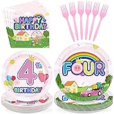 96Pcs Pink Pig 4th Birthday Party Decorations Pink Piggy Paper Plates and Napkins Cartoon Pig Theme 4 Years Old Birthday Disposable Tableware Set for Kids Girls Baby Shower Party Supplies, Serves 24