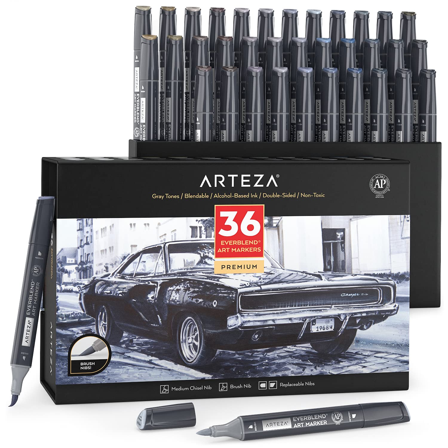 ARTEZA Art Alcohol Markers, Set of 36 Grayscale Markers, Medium Chisel & Brush Tip, Art Supplies for Drawing & Sketching
