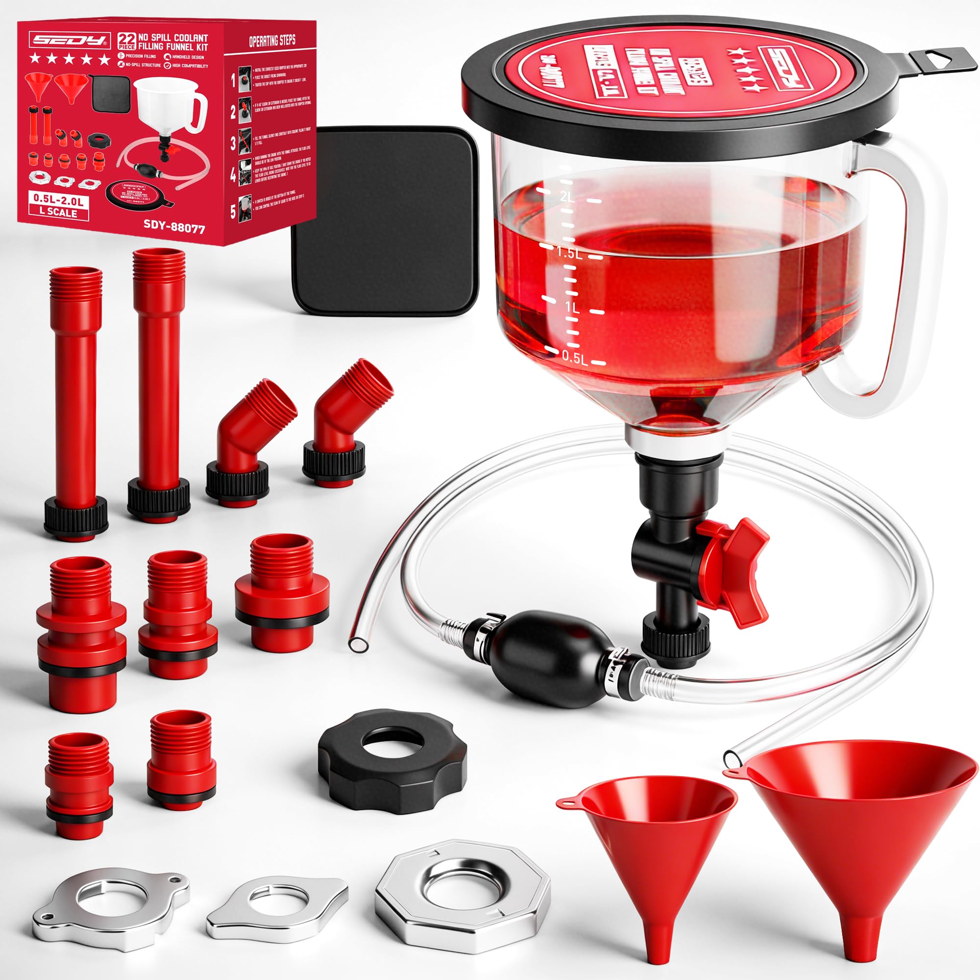 Photo 1 of 22-Piece No-Spill Coolant Filling Funnel Kit and Siphon Hose Pump, Radiator Coolant Filling Spill-Proof Funnel Kit with Adapters, Extensions, PVC Hose, Engine Oil Funnels, Towel for Universal Vehicle