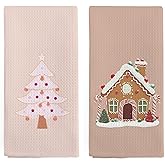 nvucamd Christmas Tree Gingerbread House Kitchen Towels Set of 2, Pastel Gingerbread Hand Towels for Bathroom, Cute Pink Christmas Tree Dish Tea Towel for Kitchen, Xmas Bathroom Decor, 16x24 Inch
