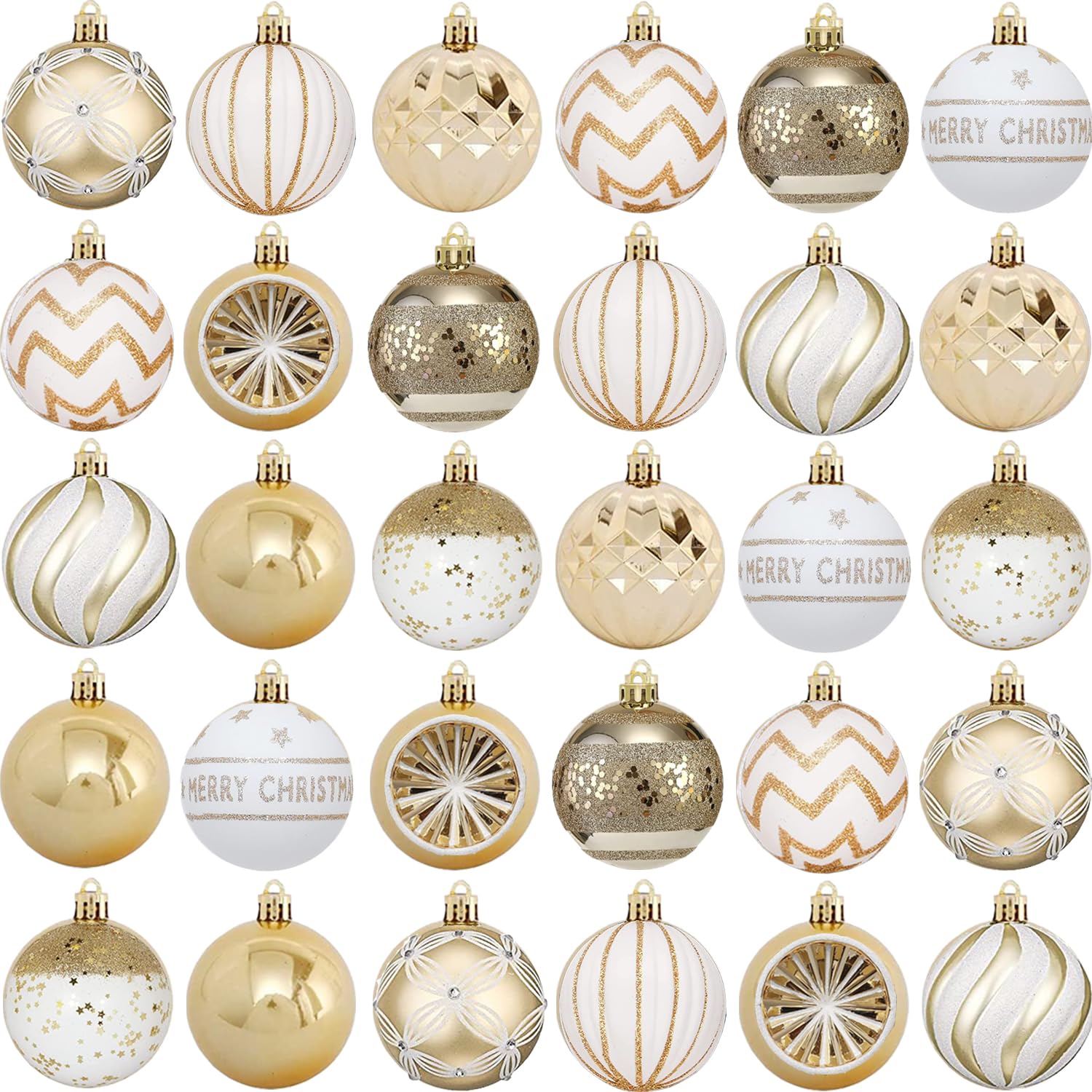 30pcs Shatterproof Christmas Baubles,10 Styles 60mm Christmas Ball Ornaments for X-mas Tree Decorations (White Gold)
