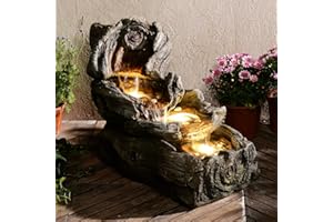 BUMILGAR 31.5" L Garden Water Fountain Outdoor, Artifical Imitation Wood Outdoor Water Fountain Natural Waterfall with LED Lights for Patio,Porch,Backyard,Home Art Decor（Resin）