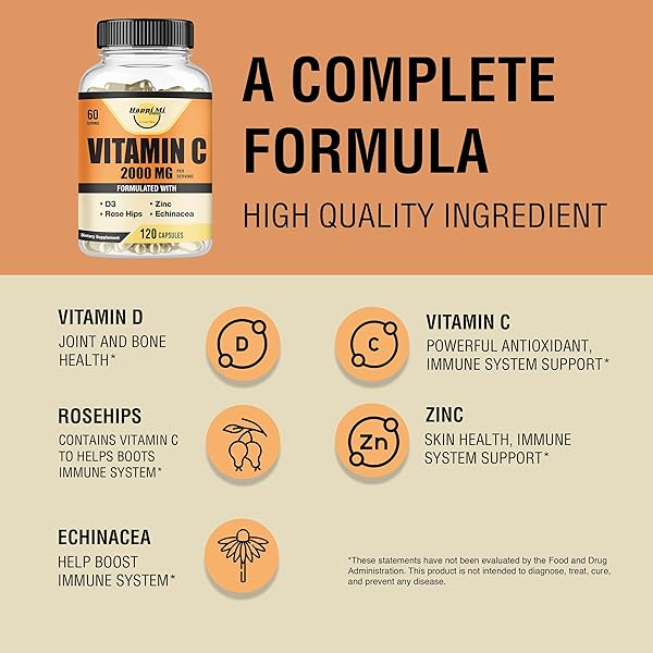 HAPPI MI NUTRITION VITAMIN C 2000MG, ZINC 40 MG, VITAMIN D3 5000 IU, ECHINACEA EXTRACT, ROSE HIP, IMMUNE SUPPORT FOR ADULTS & KIDS, IMMUNE BOOSTER,120 VEGAN CAPS, 60 DAY SUPPLY, NON GMO, NO FILLER