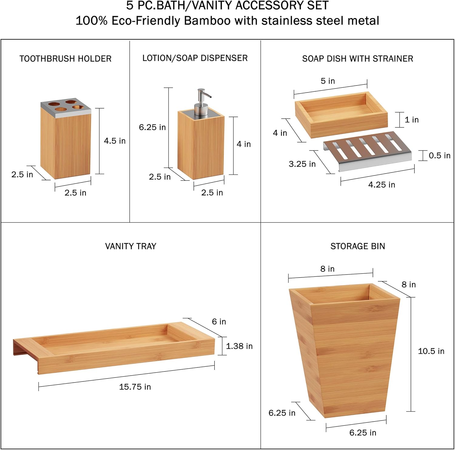 Lavish Home Bamboo Bath Accessories-5-Piece Set Natural Wood Tray Lotion Dispenser, Soap Dish, Toothbrush Holder, Wastebasket-Bathroom and Vanity: Home & Kitchen