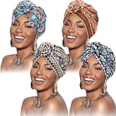 SATINIOR 4 Pieces African Pattern Headwrap Pre-Tied Bonnet Turban Knot Beanie Cap Headwrap Hat