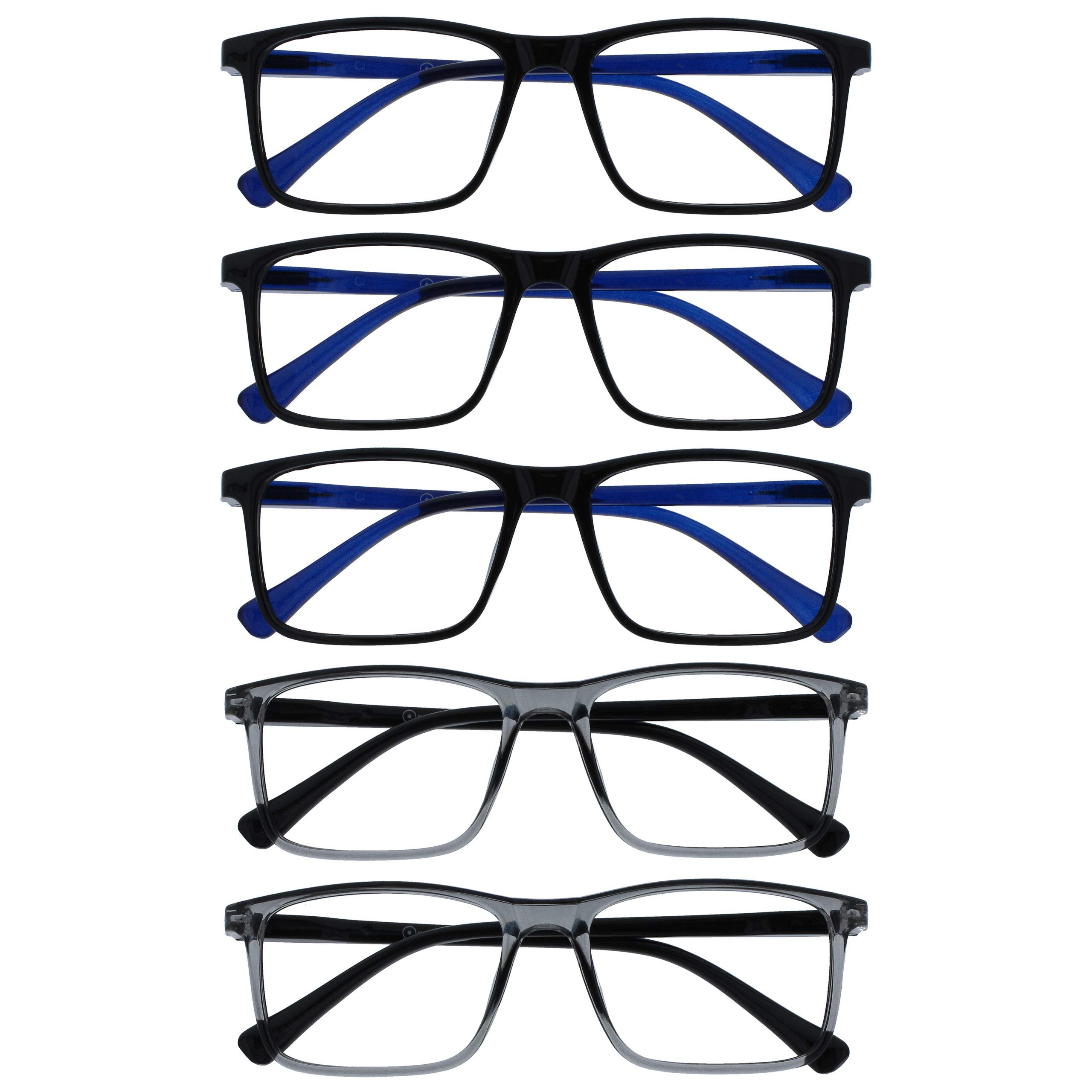 OPULIZE INK Reading Glasses - Value 5 Pack - Large Rectangular Frame - Spring Hinges - Scratch Resistant - Black Grey - Mens Womens +1.00 — image 1