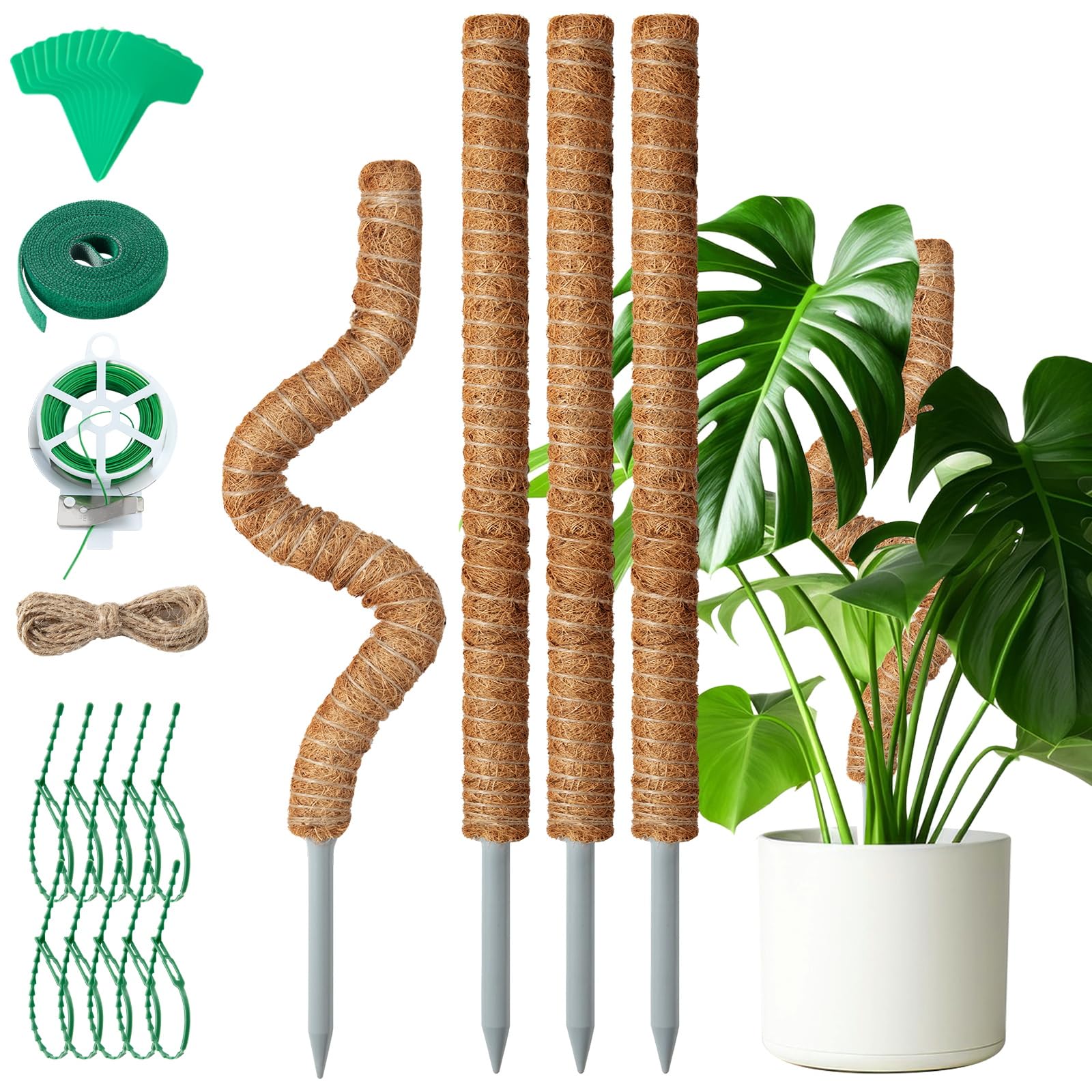 Mactoou Moss Pole, 4 PCS 65CM/26 Inches Coir Moss Poles for Monstera, Bendable Moss Poles for Cheese Plant, Moss Stick Totem Pole Plant Support with Twist Ties Kit for Climbing Indoor Plants