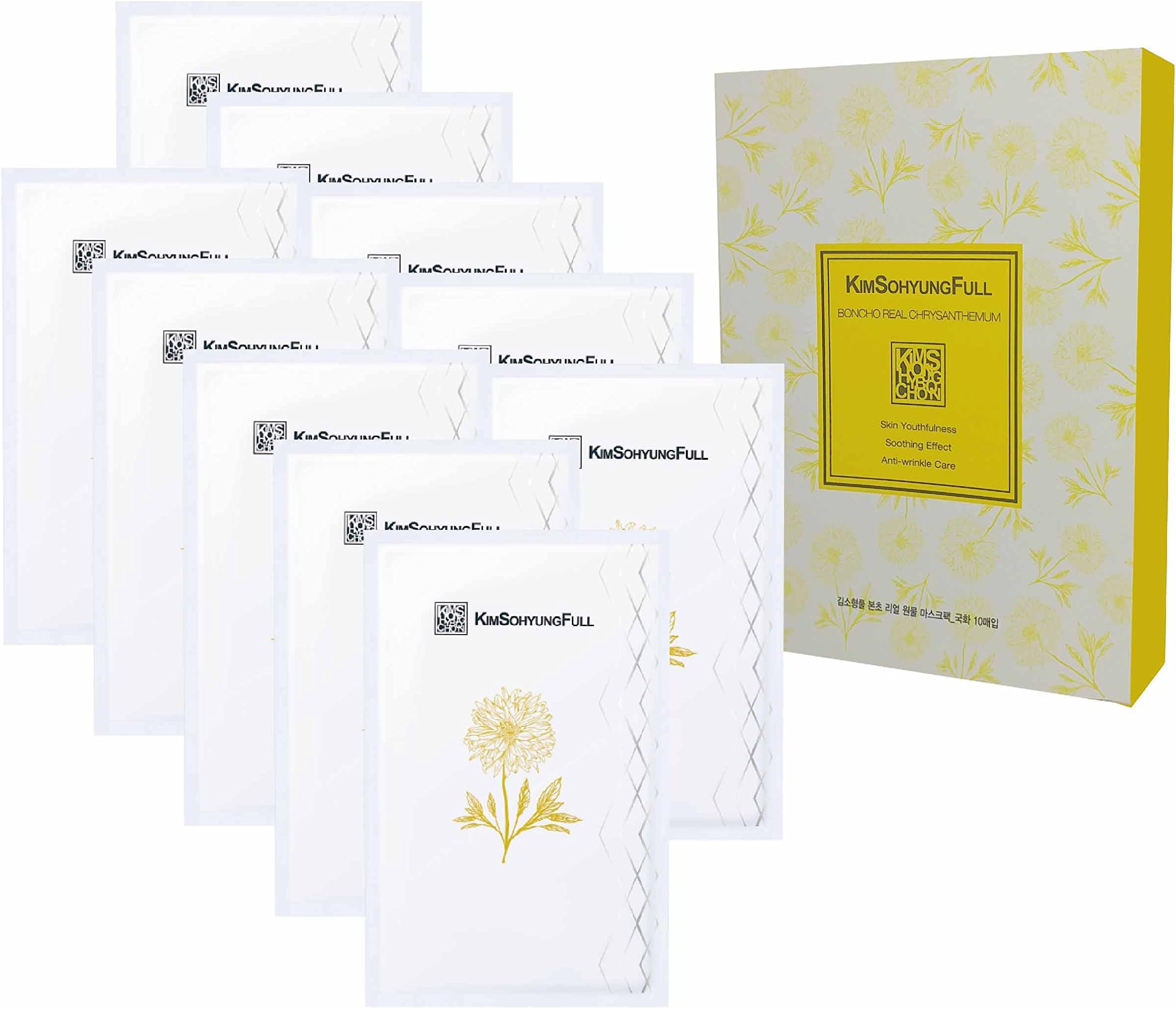 [KimSohyungFull] BONCHO Real Chrysanthemum Sheet Mask (23ml x 10 Packets) - Contains 6% Real Natural Chrysanthemum Petals, 3-layer 100% Natural Botanical Sheet, Anti-Aging