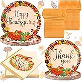 Spiareal 100 Pcs Thanksgiving Paper Plates and Napkins Sets Fall 2 Size Happy Thanksgiving Paper Plates with Pumpkin and Maple Leaves for Holiday Party Decor Disposable Dinnerware Supplies