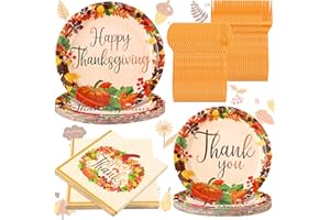 Spiareal 100 Pcs Thanksgiving Paper Plates and Napkins Sets Fall 2 Size Happy Thanksgiving Paper Plates with Pumpkin and Maple Leaves for Holiday Party Decor Disposable Dinnerware Supplies