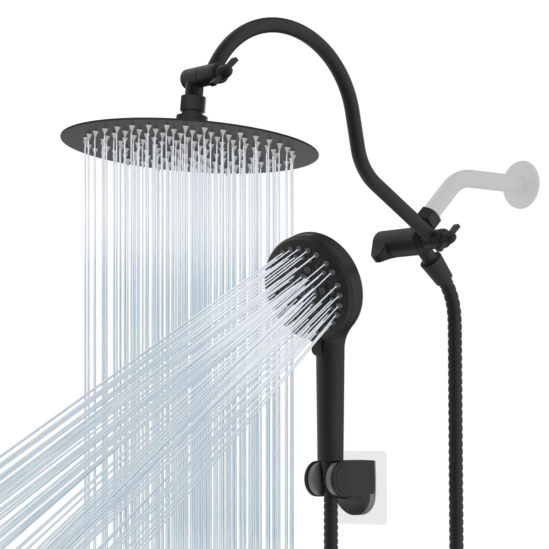 Photo 1 of Hibbent All Metal Shower Head, 10'' High Pressure Rainfall Shower Head, Handheld Showerhead Combo, 12'' Adjustable Curved Extension Arm, 10 Sprays, 71'' Shower Hose, Showerhead Holder, Matte Black