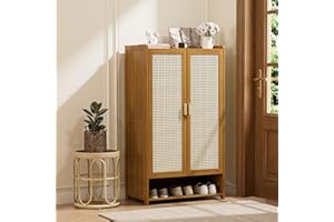 Shoe Cabinet with Doors, 7-Tier Bamboo Shoe Storage Cabinet for Entryway, 42" Tall Freestanding Rattan Shoe Cabinet, Modern F