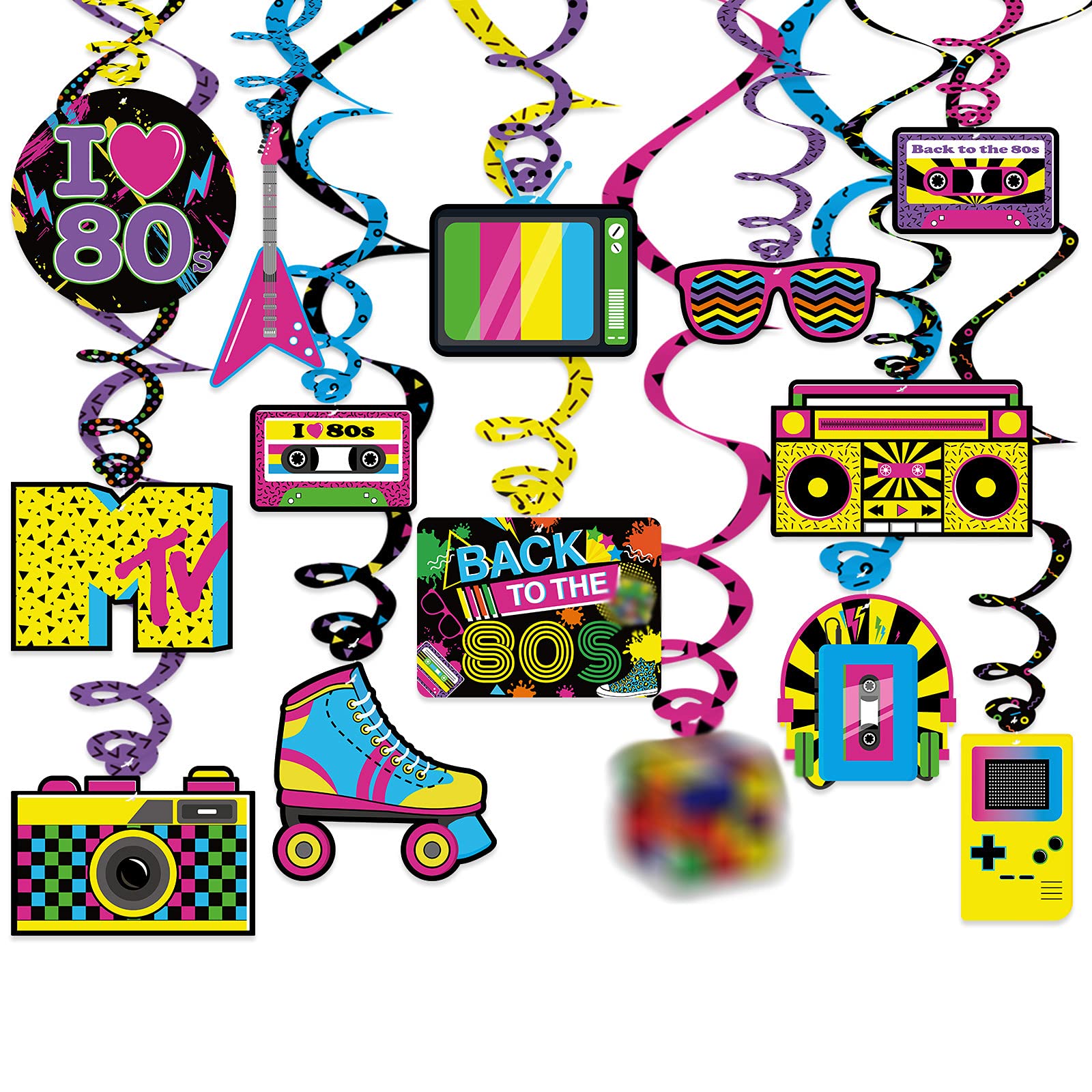 Bessmoso 28PCS 80s Party Decorations – Retro Hanging Swirls & Ceiling Streamers for 1980s Throwback Birthday, Neon Back to The 80’s Party Supplies