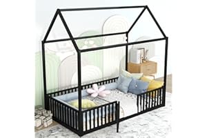 BELLEMAVE Metal Montessori Bed Frame with Door and High Fence, Montessori Floor Bed Twin Size, House Floor Bed/Twin Floor Bed for Kids, Girls, Boys, Black Montessori Bed Twin Size