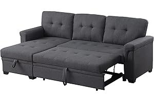 TOKAA 84'' L-Shape Convertible Sleeper Sectional Sofa with Storage Chaise and Tufted Cushions, 3 Person Linen Upholstered Reversible Corner Couch w/Pull-Out Bed, for Living Room, Apartment